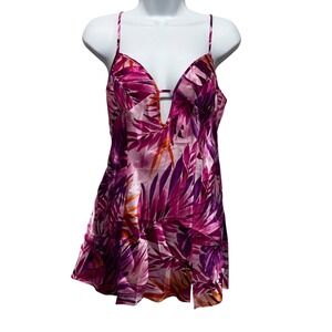 Y2K Fredericks Of Hollywood Womens Satin Cami Top M‎ Pink Purple Tropical Print